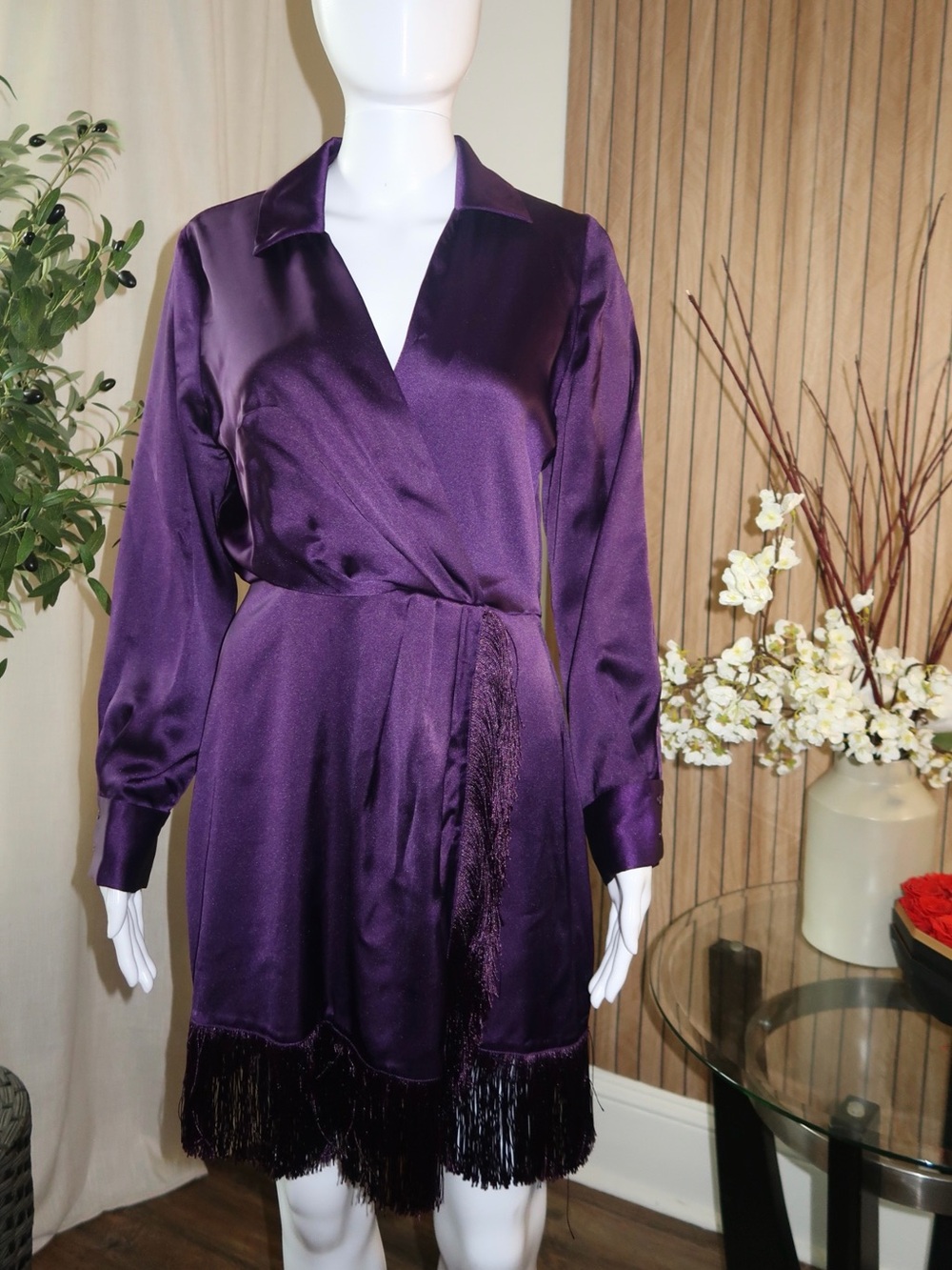 Zara Purple Satin Wrap Robe with Fringe Trim